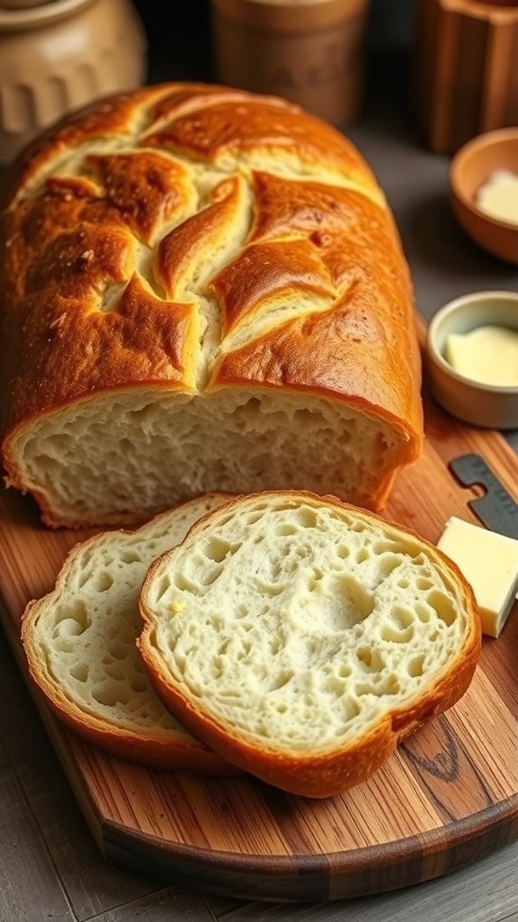 Homemade Bread Maker Recipe A golden-brown loaf of homemade bread on a cutting board with slices and a bowl of butter.